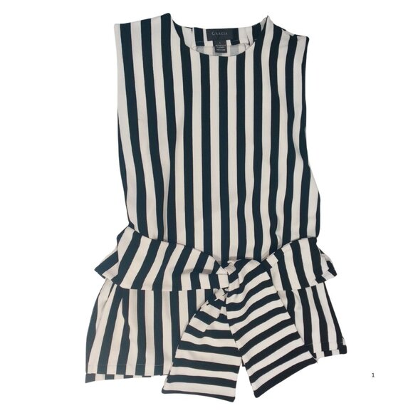 🖤 Gracia Sleeveless Blouse Women's Large Black/White Striped Tie Front Stretch - Picture 2 of 5